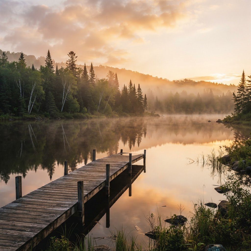 Sunrise over a calm northern Wisconsin lake surrounded by evergreen forest